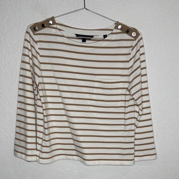 New VERONICA BEARD Hovey Striped Top Small Khaki / Off White Cotton - Picture 2 of 13